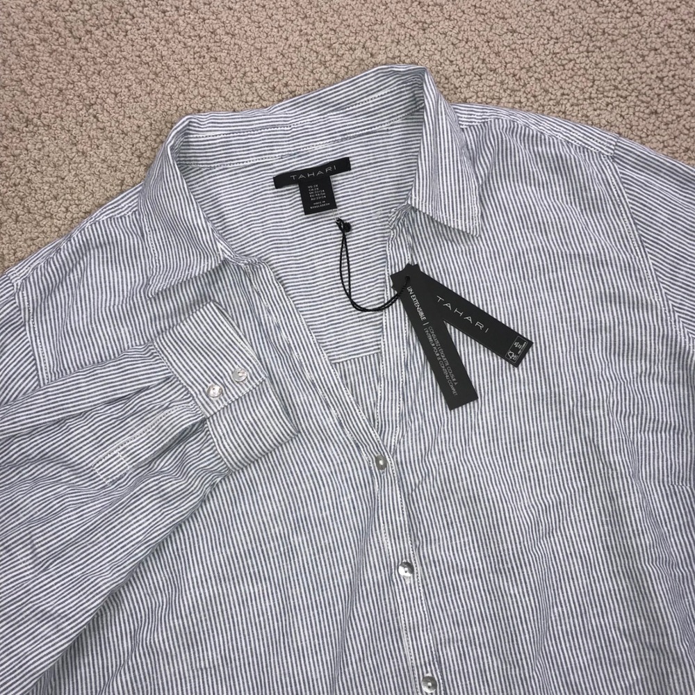 Tahari Linen Blend Striped Button Down Shirt Blue White Plus Size 2X NWT